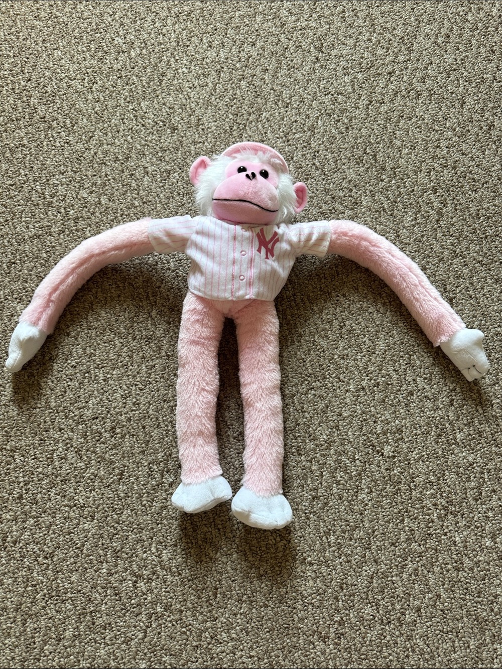 New York Yankees MLB Pink Plush Monkey with White Pinstripe Jersey